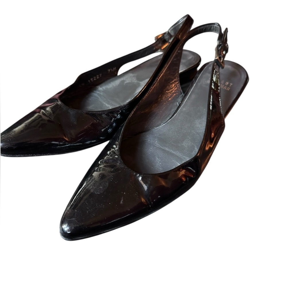 Stuart Weitzman black patent leather pointed toe slingback facts 7.5 medium